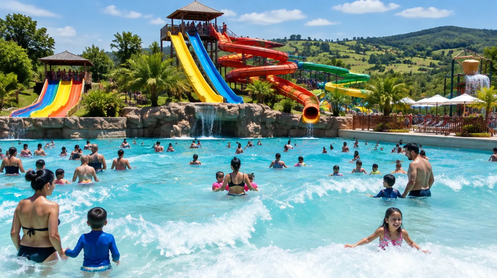 Ilustração de parque aquático com tobogãs e piscinas