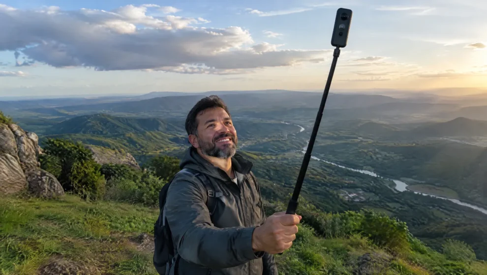 Viajante segurando bastão com câmera 360 acima da cabeça em mirante de montanha