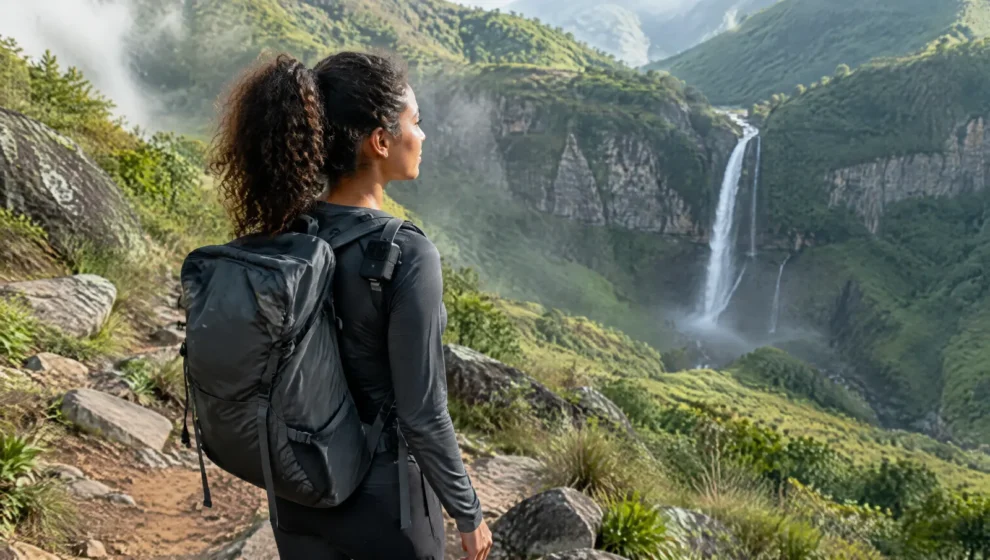 Trilheira com pequena câmera de ação presa à alça da mochila caminhando em trilha de serra com cachoeira ao fundo