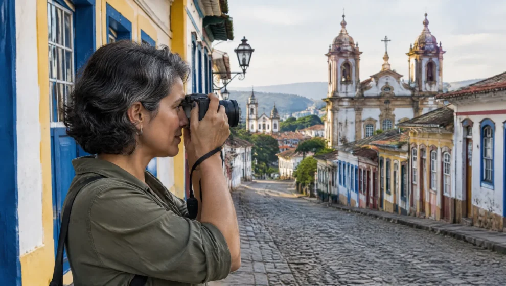 Viajante fotografando rua colonial com câmera mirrorless compacta