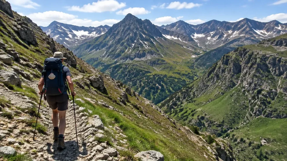 Peregrino cruzando o passo de Somport nos Pirineus, início do Caminho Aragonês