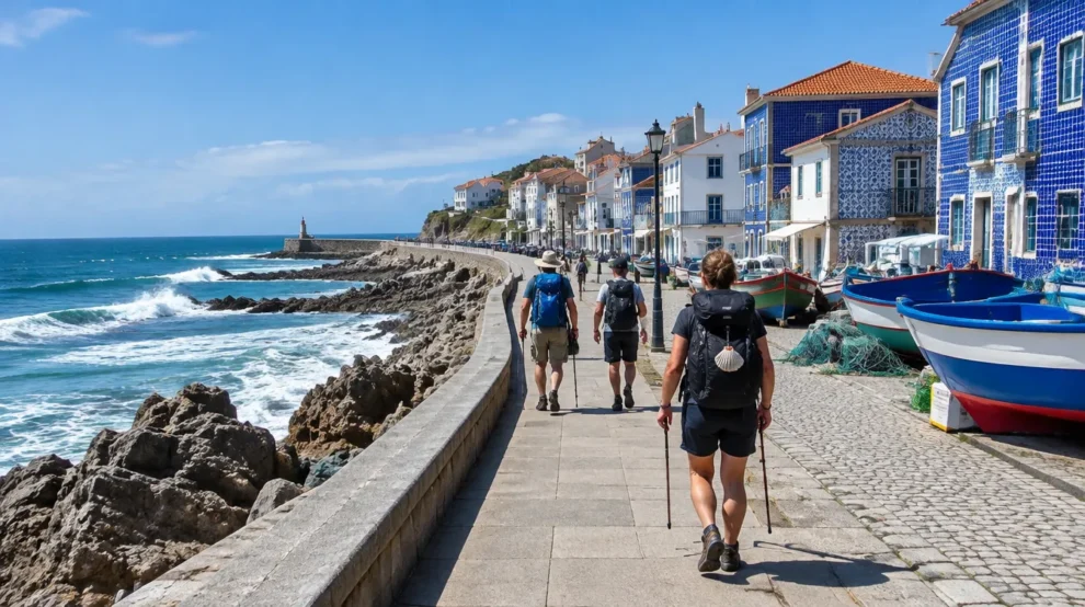 Peregrinos em vila de pescadores no litoral português: Caminho da Costa ou Senda Litoral