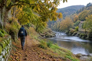 Peregrino em vale com castanheiros no Caminho de Inverno a Santiago