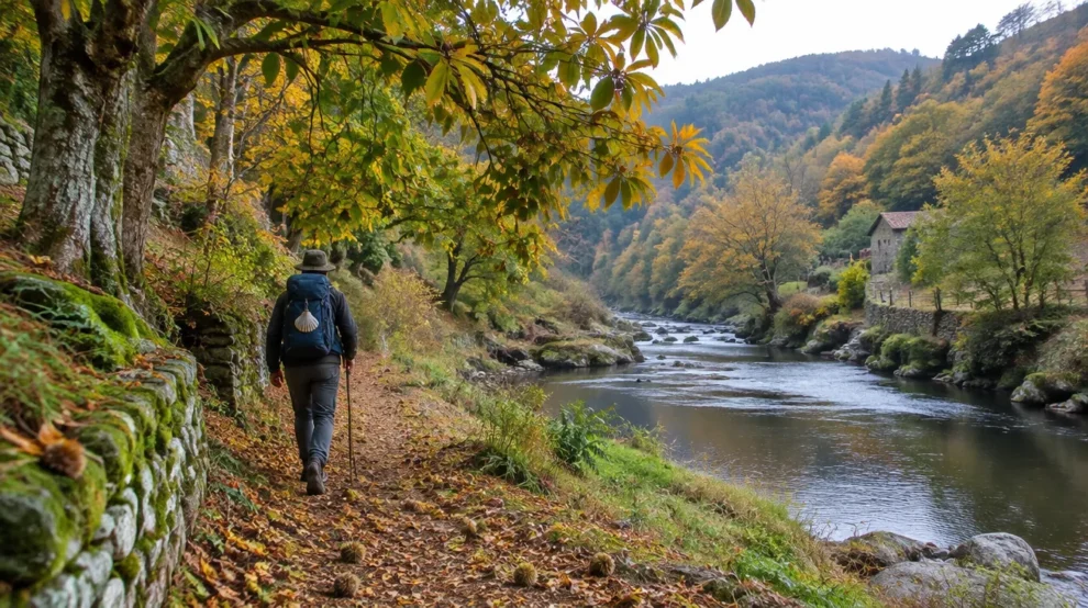 Peregrino em vale com castanheiros no Caminho de Inverno a Santiago