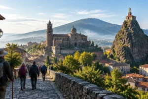 Le Puy-en-Velay com catedral e capela sobre a rocha, início do Caminho de Le Puy