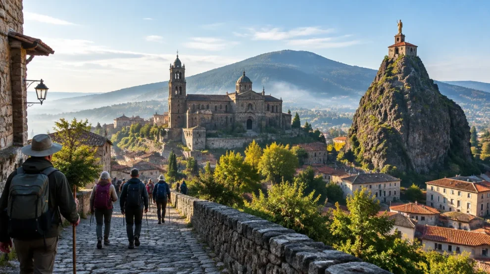 Le Puy-en-Velay com catedral e capela sobre a rocha, início do Caminho de Le Puy