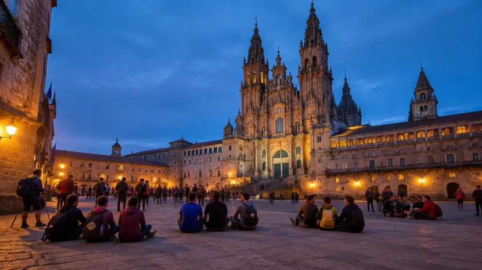 Peregrinos sentados em praça de granito ao entardecer em clima de Ano Santo Jacobeu 2027
