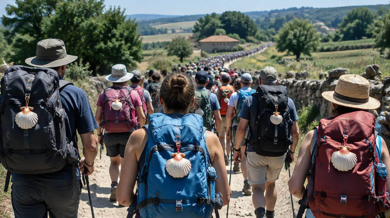 Muitos peregrinos com mochilas caminhando por trilha movimentada do Caminho de Santiago no verão