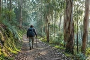 Peregrino em bosque de eucaliptos, caminhada de autoconhecimento no Caminho de Santiago
