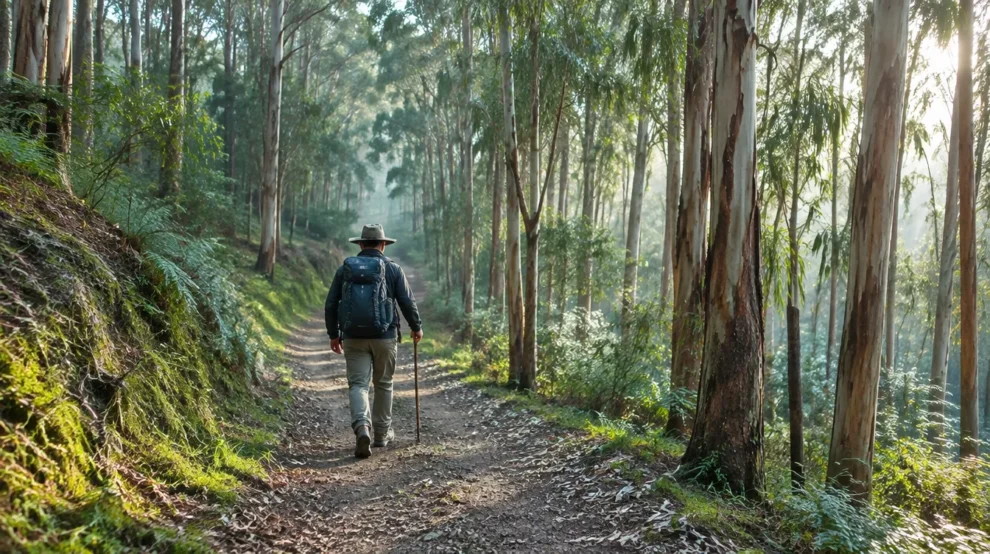 Peregrino em bosque de eucaliptos, caminhada de autoconhecimento no Caminho de Santiago