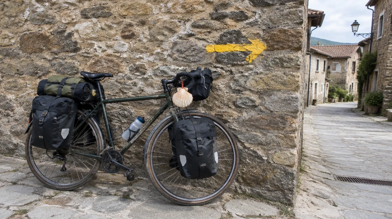 Bicicleta com alforjes e concha junto à seta amarela do Caminho de Santiago