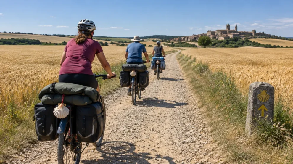 Ciclistas fazendo o Caminho de Santiago de bicicleta na Meseta