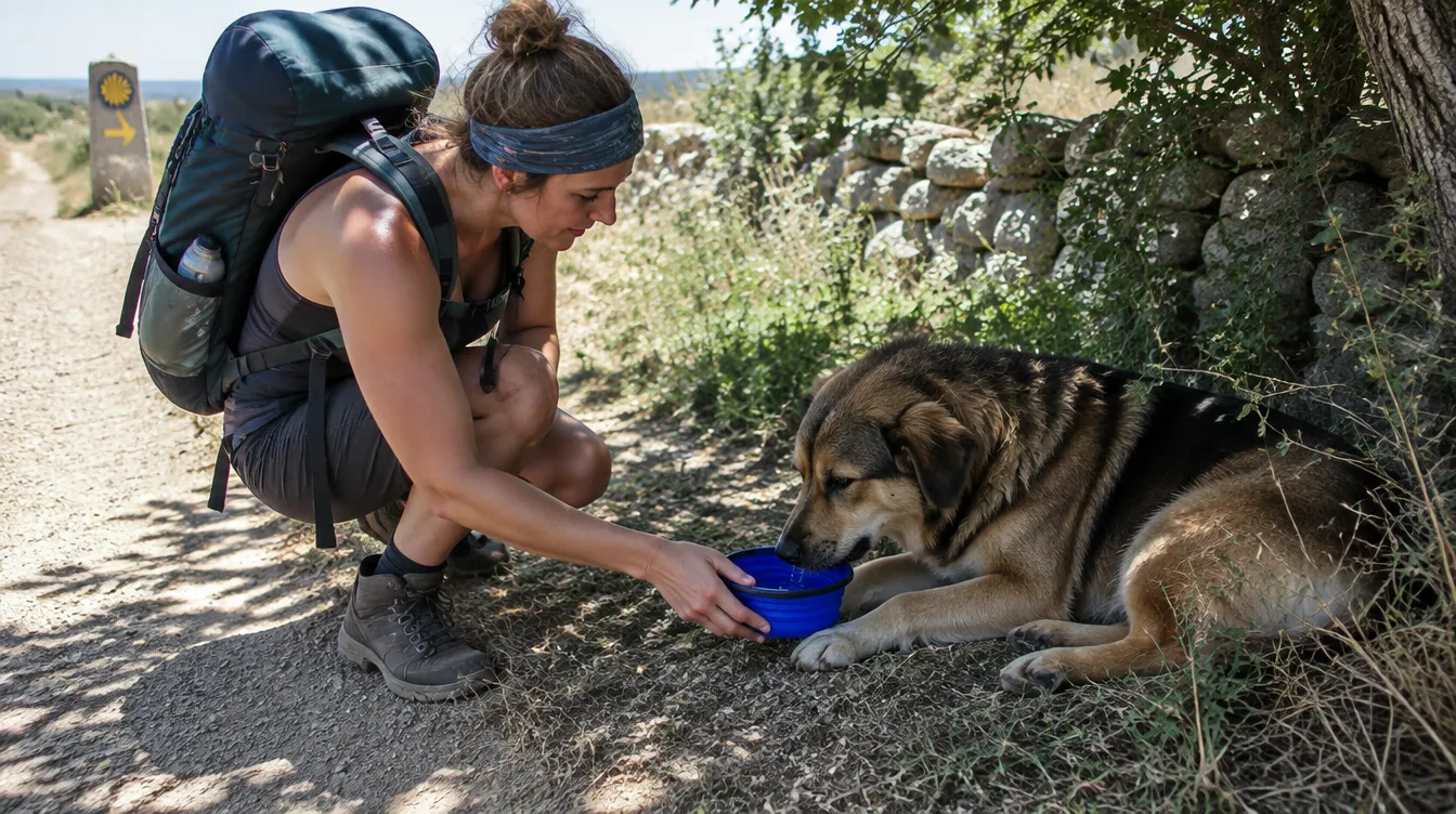 Peregrino dando água ao cachorro na sombra durante o Caminho de Santiago