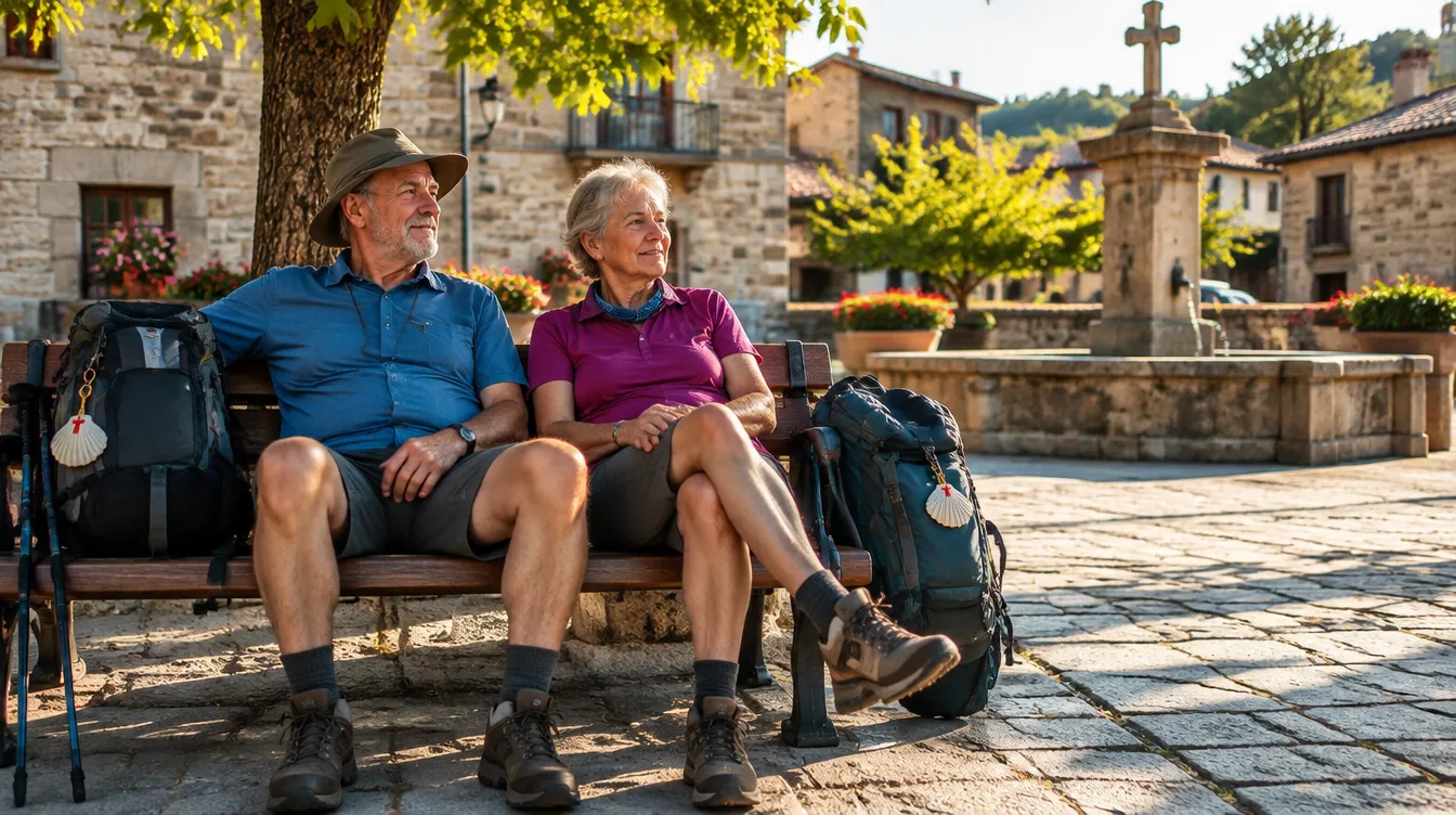 Casal de peregrinos depois dos 60 descansando em praça do Caminho de Santiago