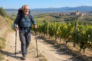 Peregrino de mais de 60 anos fazendo o Caminho de Santiago entre vinhedos