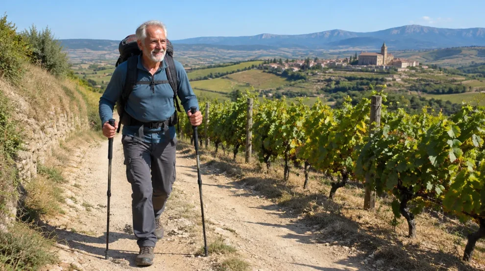 Peregrino de mais de 60 anos fazendo o Caminho de Santiago entre vinhedos