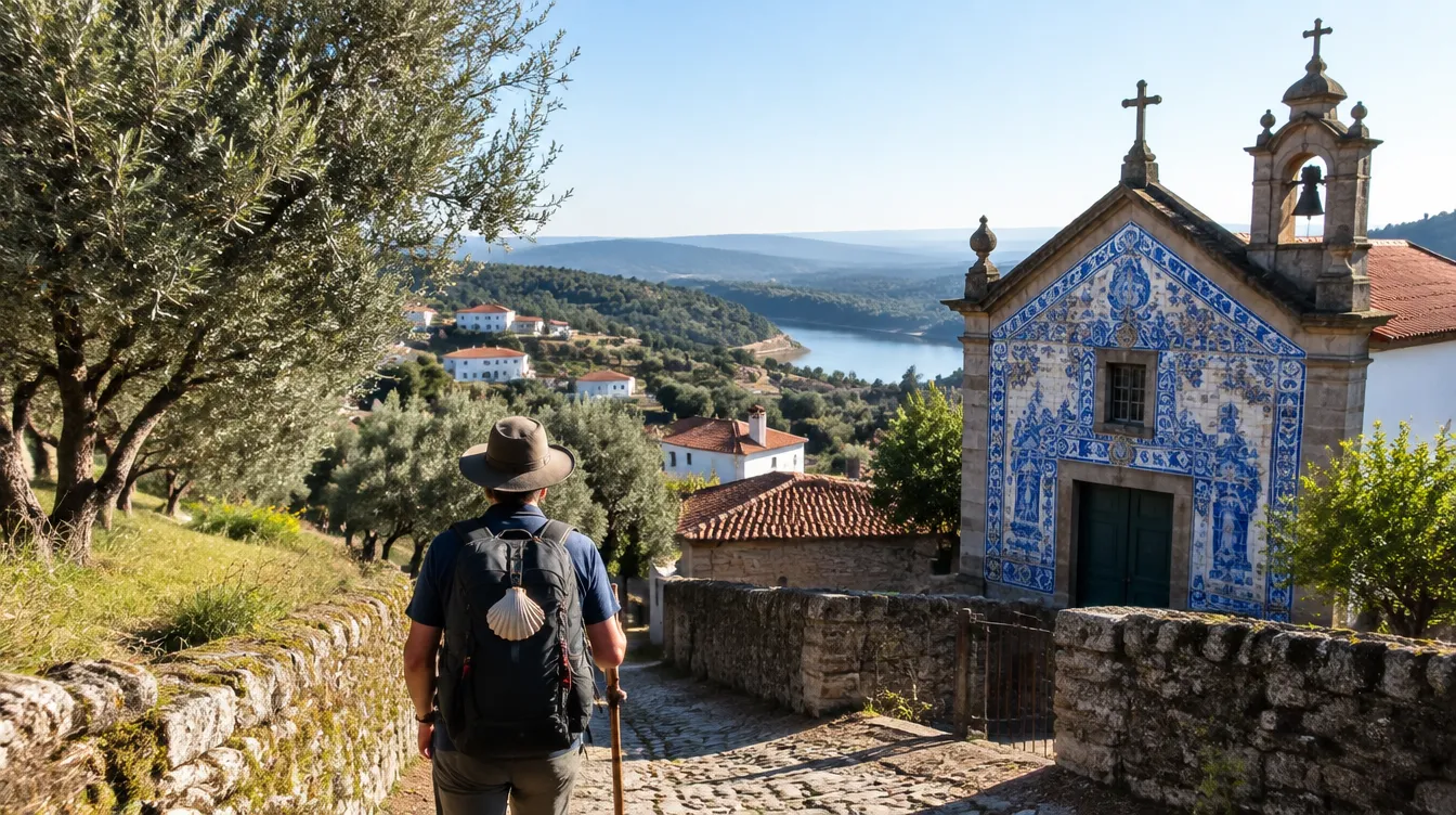 Peregrino entre oliveiras e capela com azulejos no trajeto entre Fátima e o Caminho de Santiago