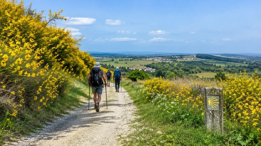 Trilha com giestas e flores silvestres: Caminho de Santiago em abril