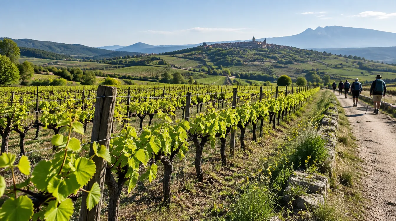 Vinhedos com folhas novas em La Rioja no Caminho de Santiago em abril