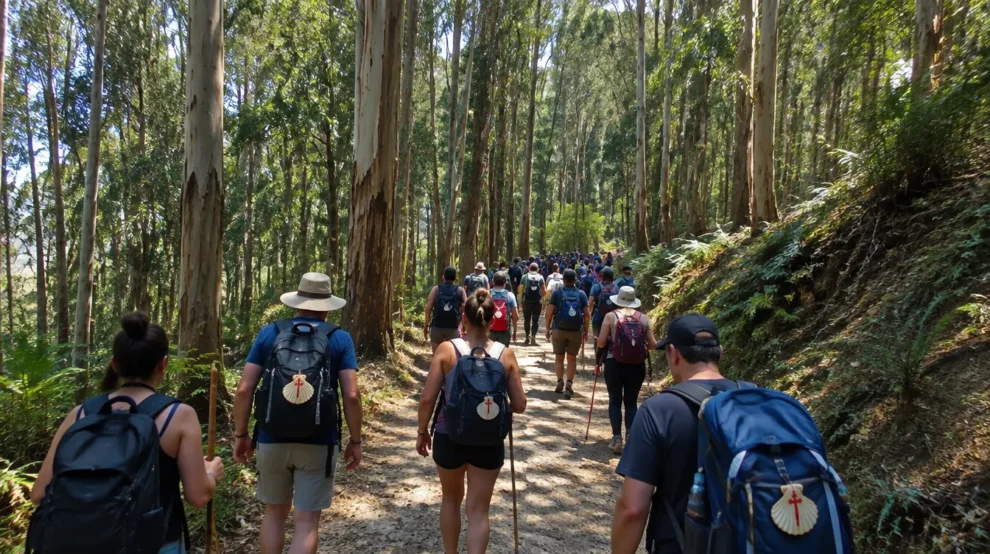 Trilha cheia de peregrinos entre eucaliptos: Caminho de Santiago em agosto