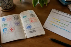 Credencial com carimbos de vários anos e calendário: Caminho de Santiago em etapas anuais