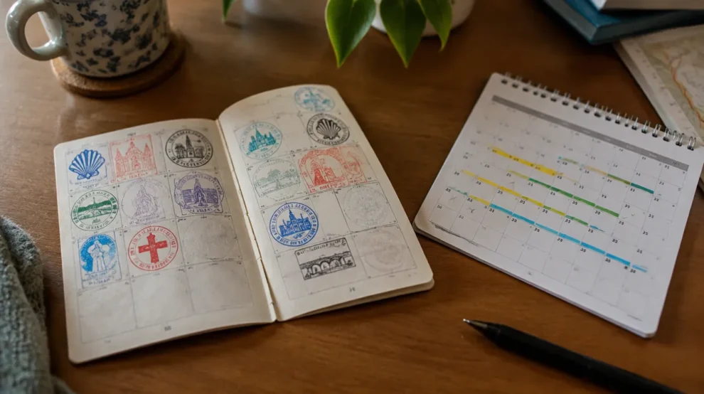 Credencial com carimbos de vários anos e calendário: Caminho de Santiago em etapas anuais