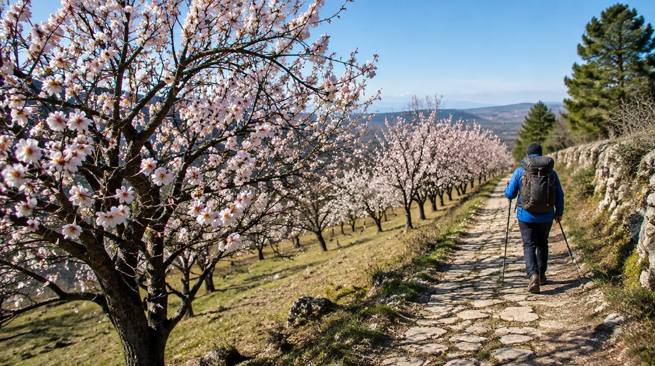 Amendoeiras floridas na trilha do Caminho de Santiago em fevereiro