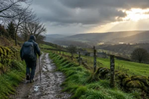 Peregrino com capa de chuva na Galícia: Caminho de Santiago em fevereiro
