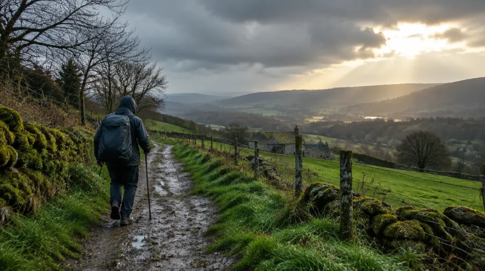 Peregrino com capa de chuva na Galícia: Caminho de Santiago em fevereiro