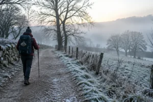 Peregrino em paisagem com geada: Caminho de Santiago em janeiro