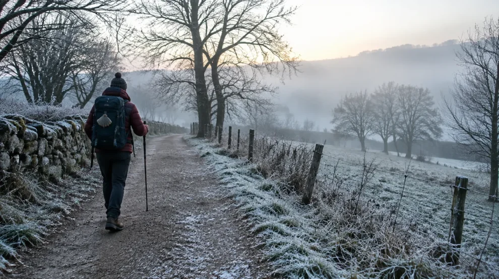 Peregrino em paisagem com geada: Caminho de Santiago em janeiro