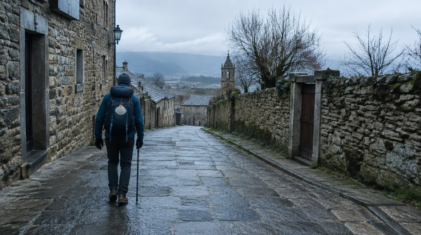Vilarejo vazio e frio no Caminho de Santiago em janeiro