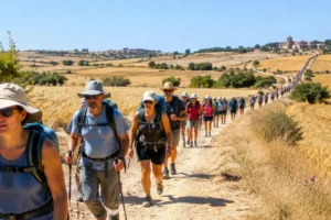 Peregrinos sob sol forte em campos secos: Caminho de Santiago em julho