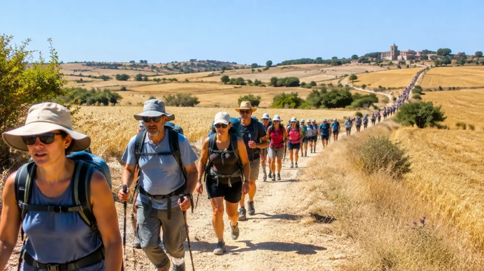 Peregrinos sob sol forte em campos secos: Caminho de Santiago em julho