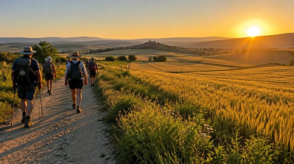 Peregrinos ao amanhecer entre campos de trigo: Caminho de Santiago em junho