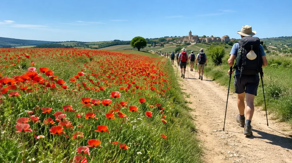 Campos de papoulas à beira da trilha: Caminho de Santiago em maio