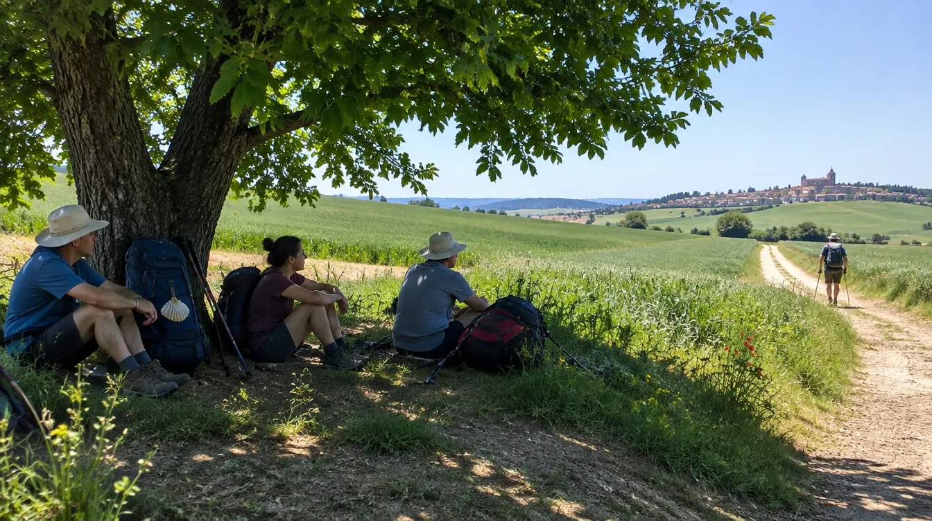 Peregrinos descansando à sombra no Caminho de Santiago em maio
