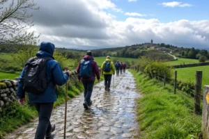 Peregrinos entre campos verdes e céu instável: Caminho de Santiago em março
