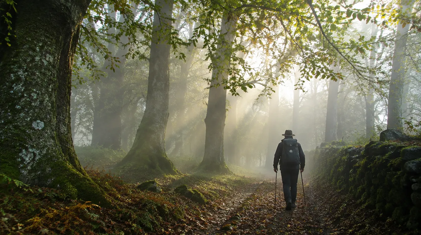 Peregrino em bosque de castanheiros com neblina no Caminho de Santiago em setembro