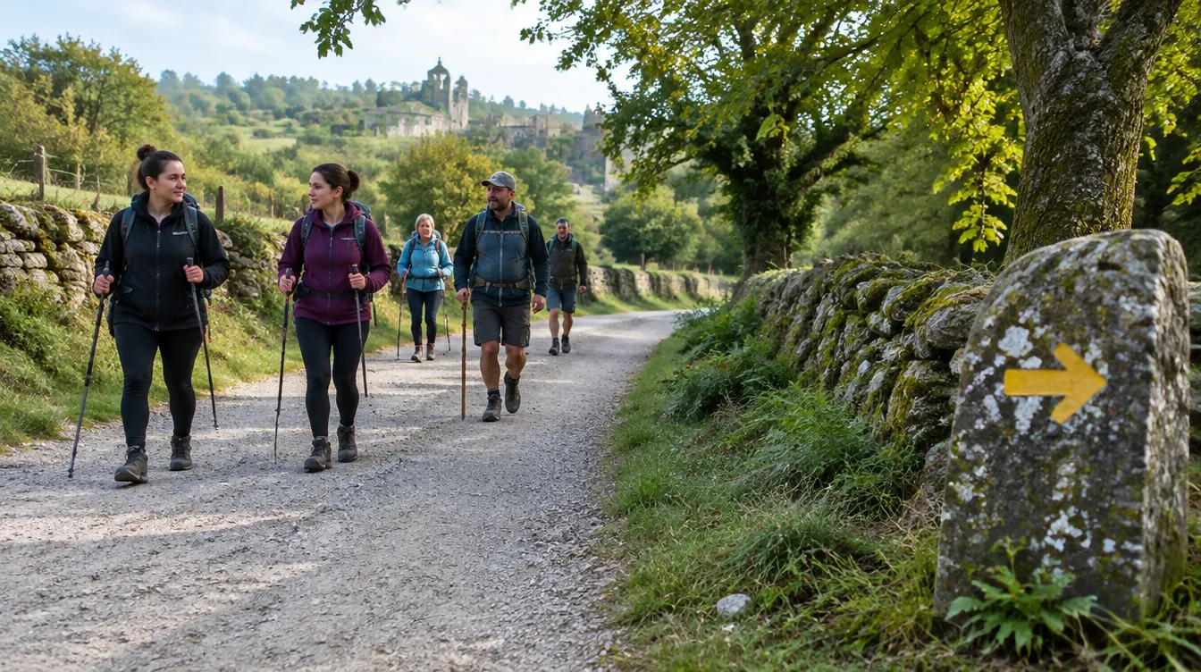 Iniciantes caminhando no interior da Galícia, trecho do Caminho de Santiago mais fácil