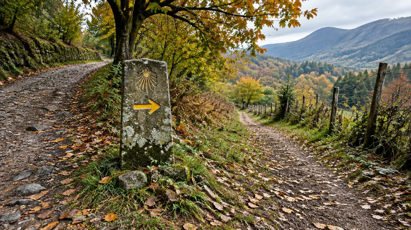 Bifurcação com marco e seta, escolhas do Caminho de Santiago como metáfora da vida