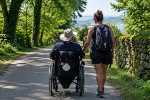 Pessoa em cadeira de rodas com acompanhante em trecho plano: Caminho de Santiago com mobilidade reduzida