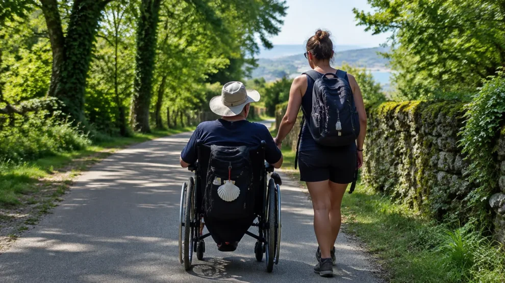 Pessoa em cadeira de rodas com acompanhante em trecho plano: Caminho de Santiago com mobilidade reduzida