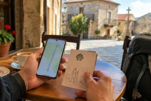 Mãos com celular e credencial do peregrino em mesa de café, planejando o Caminho de Santiago por conta própria