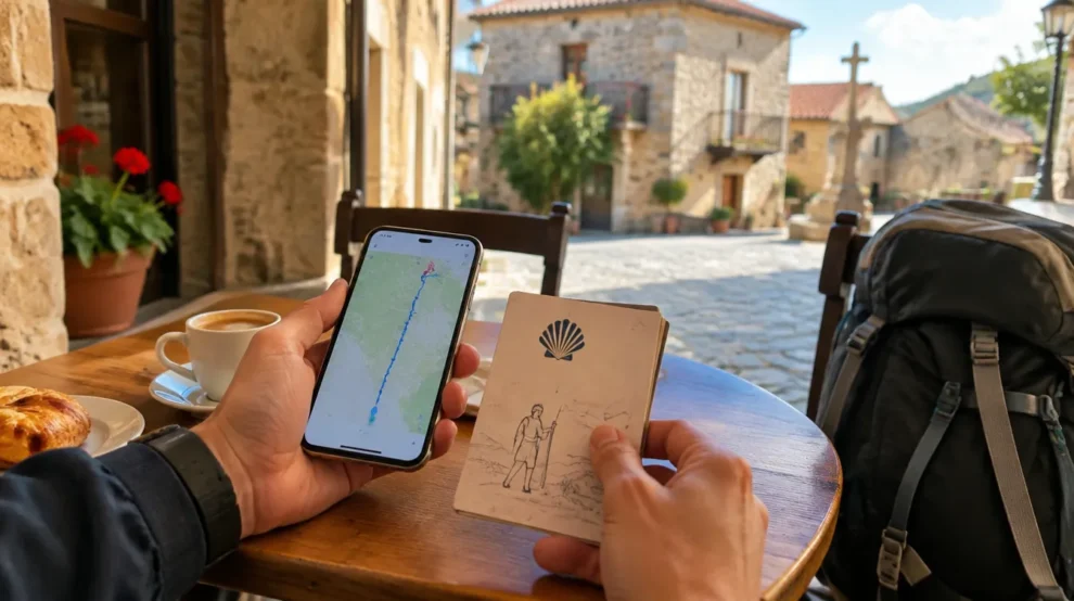 Mãos com celular e credencial do peregrino em mesa de café, planejando o Caminho de Santiago por conta própria