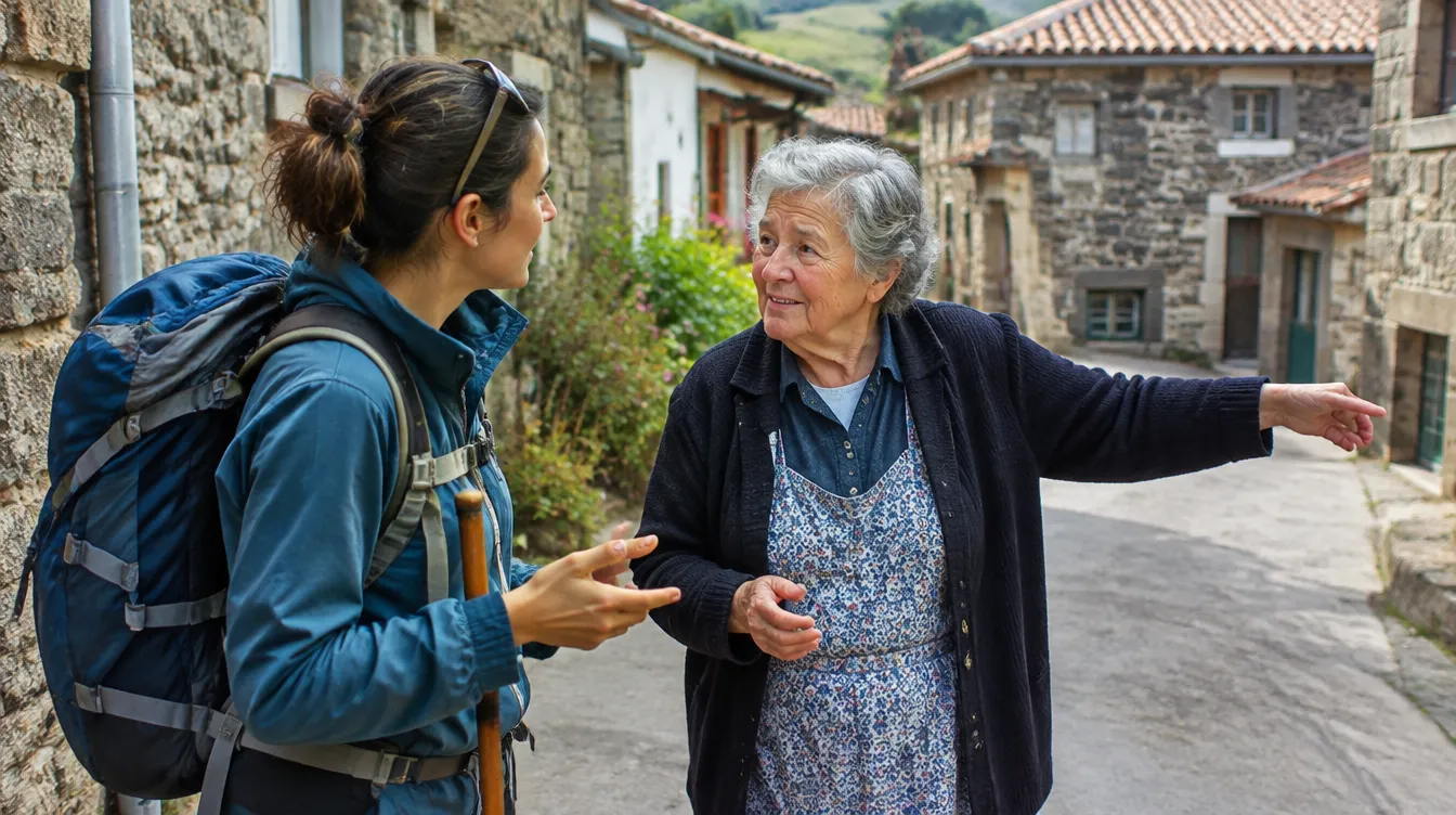 Peregrino pedindo informação a morador local sem falar espanhol no Caminho de Santiago