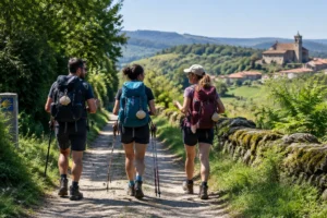 Grupo de peregrinos caminhando juntos: Caminho de Santiago sozinho ou acompanhado