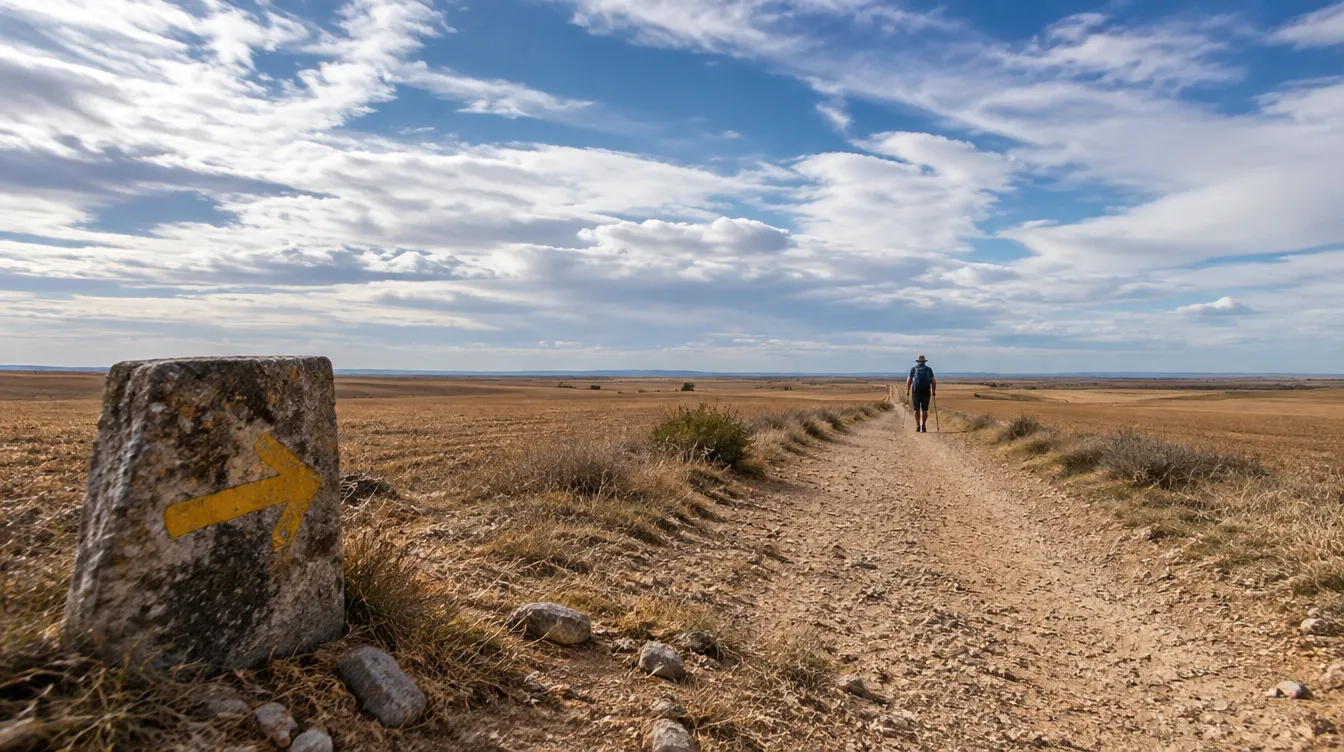 Seta amarela e peregrino no horizonte da Meseta, expectativas sobre o Caminho