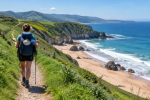 Peregrino em trilha sobre falésias verdes à beira do mar Cantábrico no Caminho do Norte