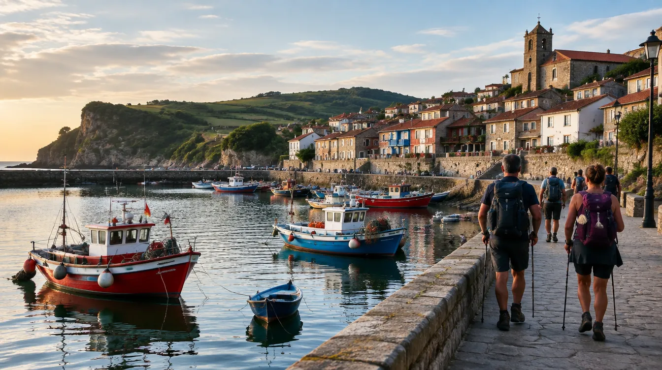 Porto de pesca com barcos coloridos em vila costeira da Cantábria no Caminho do Norte